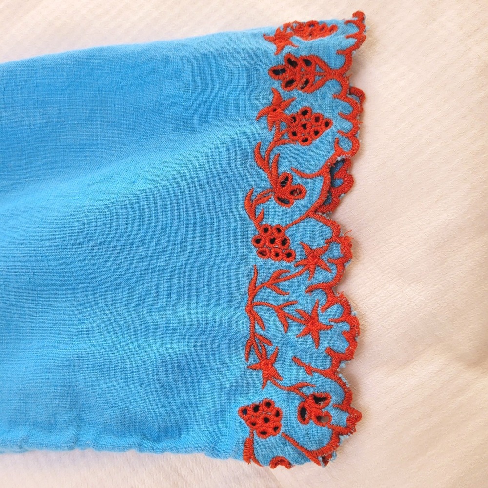 J. Crew Aqua Blue Red Embroidered 100% Linen Boho Peasant Hippie Tunic Blouse XL - Picture 6 of 10